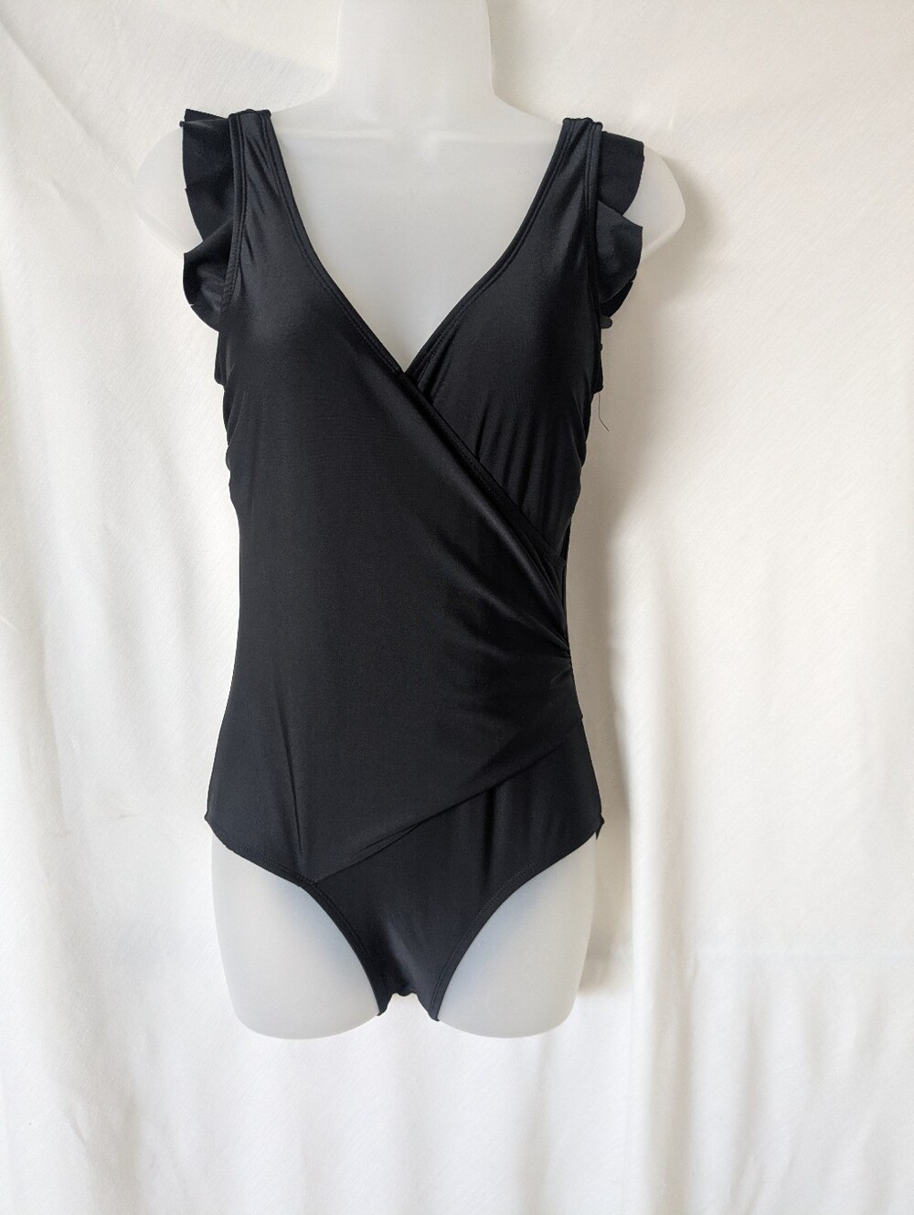 Marina West Swimsuit Womens S Black One Piece Ruffle Faux Wrap Removable Cups